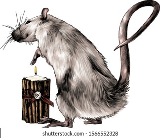 mouse standing full length on hind legs next to Christmas candle with bow, sketch vector graphics color illustration on white background