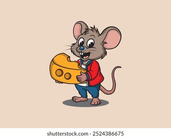 the mouse stands holding a piece of cheese while laughing