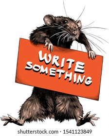 mouse stands tall and holds in his paws a sign with the inscription, sketch vector graphics color illustration on a white background