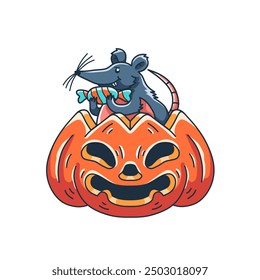 mouse stealing candy inside halloween pumpkin cartoon illustration.vector halloween holiday celebration.isolated on white background