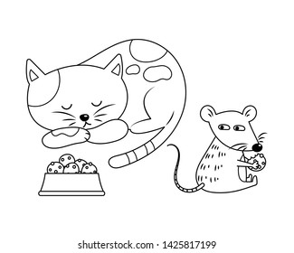 A mouse stealing cat food while the cat is sleeping vector illustration cartoon. Cat and mouse colorless cartoon for coloring book. 