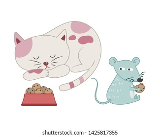 A mouse stealing cat food while the cat is sleeping vector illustration cartoon. Cat and mouse pastel cartoon. 