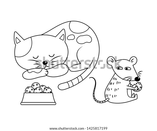 Mouse Stealing Cat Food While Cat Stock Vector Royalty Free