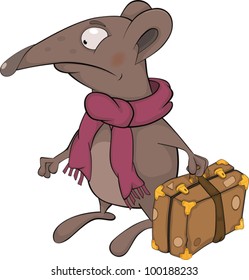 Mouse and a suitcase. Cartoon