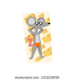 Mouse in sunglasses sunbathing on the beach, cute animal cartoon character relaxing on the seashore at summer vacation vector Illustration on a white background