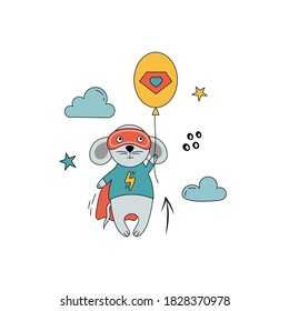 Mouse superhero in funny comic costumes. Vector hand-drawn illustration with a wild animal on white background. Can be used for greeting card, nursery, poster.