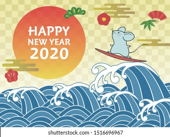 a mouse is surfing the wave in new year 