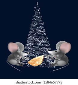 Mouse, symbol of 2020 with a decorative Christmas tree, mice get cheese from under the tree on a dark blue background