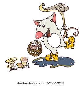 mouse symbol of the year in the autumn collects bends in a basket, jumping in rubber boots on a puddle of laughs and holds a leaf as an umbrella
