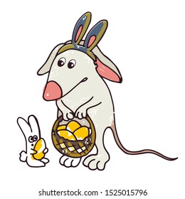 mouse symbol of the year with a basket and eggs standing next to the Easter Bunny