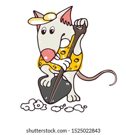 mouse symbol of the year digging with a shovel preparing beds in a cap and yellow shirt