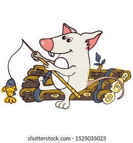 mouse symbol of the year floating on the water on a raft of trees and fishing and fishing rod smiles
