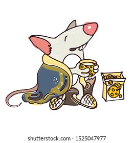 mouse symbol of the year wrapped in a blanket drinking tea with cheese cookies and sitting on a stump