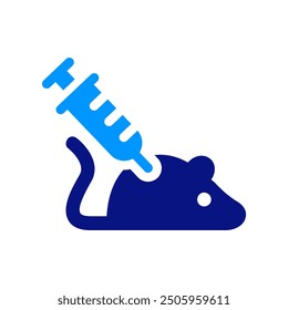 Mouse with syringe icon, representing animal testing in labs, bold blue color scheme, simple shapes, experimentation, scientific research, medical testing, modern design, minimalistic look.