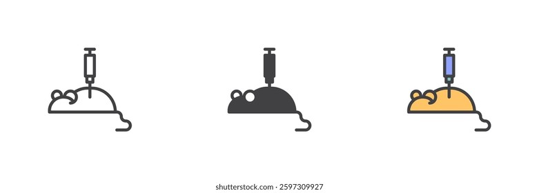 Mouse with a syringe injection different style icon set. Line, glyph and filled outline colorful version, outline and filled vector sign. Animal testing laboratory experiment symbol, logo illustration