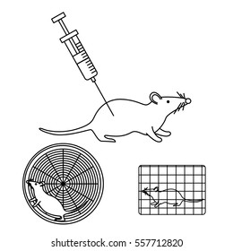 Mouse with a syringe in lab experiments isolated on white background. Stock vector illustration of usual procedures using mice in medical biological research. Medicine and biology collection.