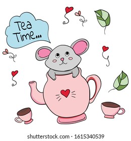 A mouse and Tea time, tea ceremony. Cartoon style, Vector illustration on transparent backgrounds.