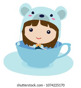 Mouse in teacup. Cartoon character clip art illustration on white background.