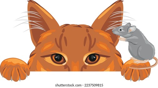 Mouse tells secrets to a ginger cat. Vector
