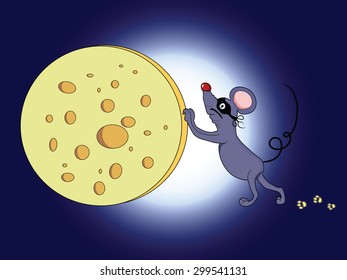 Mouse thief stealing Cheese Moon illustration
