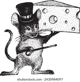 A mouse in a top hat and holding a piece of cheese with a cane. Black and white vector drawing. Retro drawing, vintage graphics