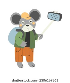 Turista De Ratón Con Ilustración De Vector De Cámara Selfie
