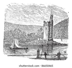 Mouse Tower in Rhine, Bingen am Rhein, Germany, during the 1890s, vintage engraving. Old engraved illustration of Mouse Tower with moving ship in front. Trousset encyclopedia (1886 - 1891).