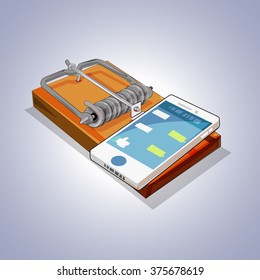 Mouse trap with mobile phone. social media and 
internet addiction concept - vector illustration
