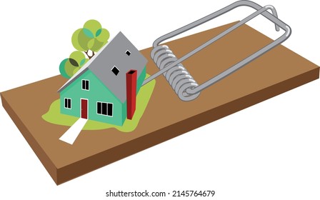 Mouse trap with a one family home as a bait as a metaphor for real estate purchasing problems, EPS 8 vector illustration