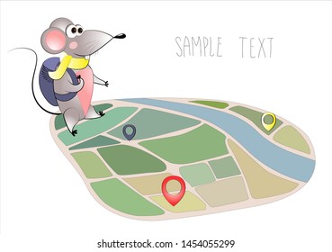 Mouse travels. Hand drawn vector background with Traveler and pins. 