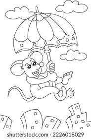 mouse with umbrella coloring page or book for kid vector