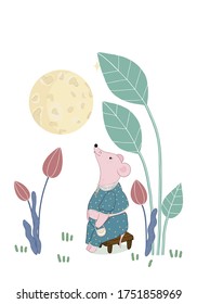 A mouse under the moon. illustration for greeting card. Kids illustration