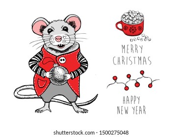 Mouse vector hand drawn illustration. New Year card.