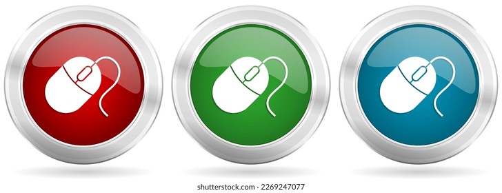 Mouse vector icon set. Red, blue and green silver metallic web buttons with chrome border