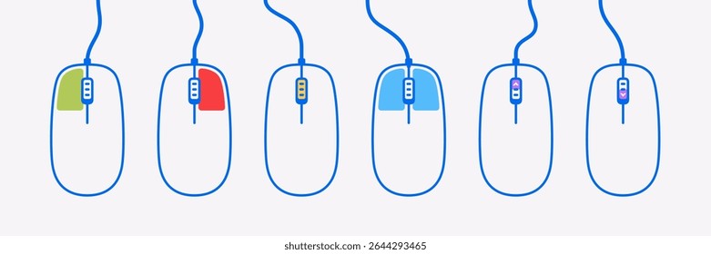 Mouse. Vector set of computer mice with highlighted buttons. Includes wired and wireless models. Ideal for instructions, tutorials, UI guides, interaction diagrams, and tech documentation. Outline.