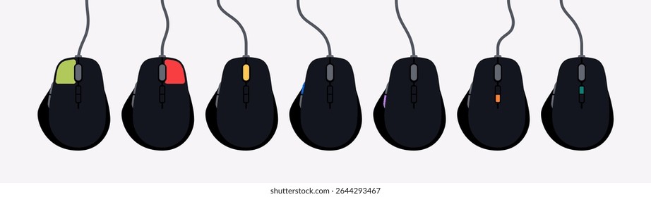 Rato. Conjunto vetorial de mouses de computador com botões realçados. Inclui modelos com e sem fios. Ideal para instruções, tutoriais, guias de interface do usuário, diagramas de interação e documentação técnica. Preto.