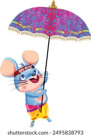 mouse, a vehicle of Lord Ganesha, Having a headband written 'lord Ganesha bless us' getting ready for India's biggest Festival Ganapati Festival, and serving Lord Ganesh as a Musician.