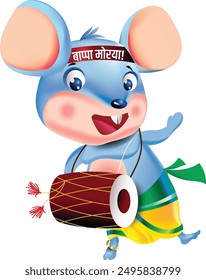 mouse, a vehicle of Lord Ganesha, Having a headband written 'lord Ganesha bless us' getting ready for India's biggest Festival Ganapati Festival, and serving Lord Ganesh as a Musician.