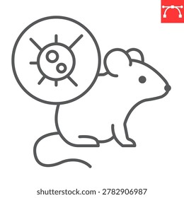 Mouse with virus line icon, hantavirus and rodent infection disease carrier sign, infected mouse medical vector icon, vector graphics, editable stroke outline sign.