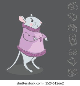 Mouse in a warm blouse looks at cheese. Funny character. New year. Symbol of year in Eastern calendar. Children's illustration. Greeting card. Vector.