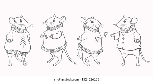 Mouse in a warm blouse looks at cheese. Funny character. Set of icons. Black and white outline. Sketch. New year. Symbol of year in Eastern calendar. Children's illustration. Greeting card. Vector.