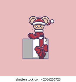mouse wearing santa claus costume over christmas gift