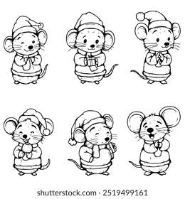 a mouse wearing a Santa Claus holding a gift box.cartoon vector illustration black line on white background by hand drawing.