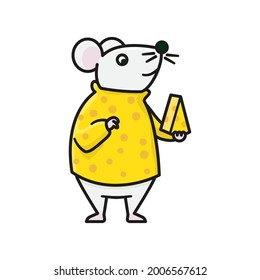 Mouse wearing sweater with cheese pattern cartoon character vector illustration for Fancy Rat isolated Mouse Day on November 12