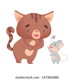 Mouse welcomes the cat. Vector illustration on white background.