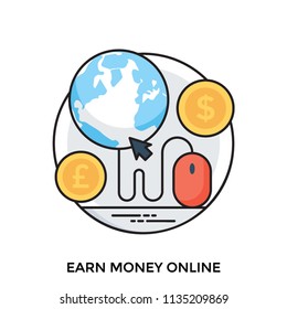 
A mouse is wired to a globe having international currency around describing an idea of earning online 
