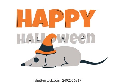 Ratón en sombrero de bruja Feliz Halloween. Tarjeta para unas vacaciones espeluznantes. Personaje lindo sonriente. Atributo mágico. Rata. Tarjeta de felicitación con texto. Anuncio para el temible evento de otoño. Dibujos animados para niños. Ilustración vectorial