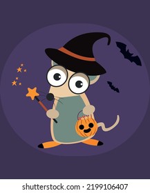 Mouse in a witch hat and magic wand, at Halloween party.Ideal for posters, postcards, invitations, and banners.