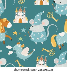 Mouse wizard, medieval knight castle, cute dragon, knight horse pattern Vector illustration