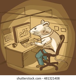 Mouse work at office. Colorful hand drawn sketch. Cartoon vector illustration